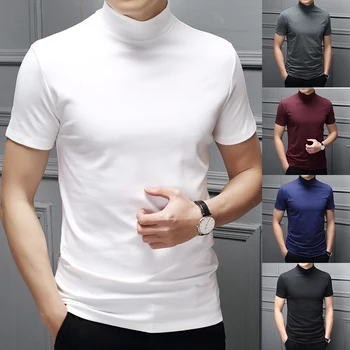 2022 Nova Marca de Camisetas masculinas Manga Longa Slim Homens T-Shirt do rapaz de Cor Pura Tops, T-Shirt da Moda de Meia Gola Alta e Elegante