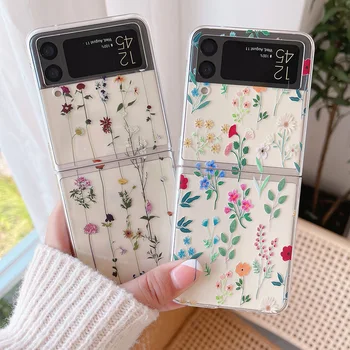 Belas Flores de Impressão Telefone Case Para Samsung Galaxy Z Flip 4 3 Transparente Rígido do PC Bonito Tampa Para as Mulheres, Menina
