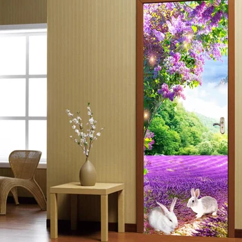 Papel de parede bonito coelhos bela flor roxa paisagem portas adesivo porta do quarto papel de parede mural , a decoração home