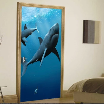 3d Hd 2 Pcs 3D Criativos Adesivos de Porta Adesivo de Parede DIY Mural do Quarto Decoração de Casa de Tubarão PVC Impermeável Porta Etiqueta Imitação de Arte