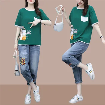 2 PCS DUAS peças de CONJUNTO T-Shirt da Moda Treino Mulher coreano Roupas Harajuku o Projeto Co Ord Casual Suor Ternos Patch Roupa de Verão