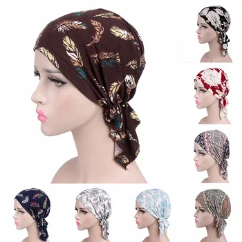 Mulheres de Pena de impressão Turbante Chapéu de Cabelos Longos Chapéu Noite de Sono Cap Senhora Cuidados com os Cabelos Bonnet Headwrap Muçulmano Chapéu de Indiana Chapéu