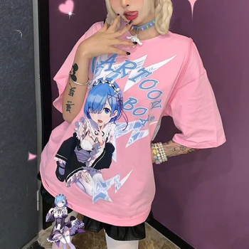 2022 Verão Gráfico T-Shirts Mulheres Harajuku Anime de Impressão Estilo Japonês E Menina Tops Femme Y2K Streetwear Soltos Roupas Femininas