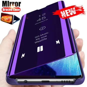 Smart Mirror Flip Case Para o Xiaomi Redmi Nota 10 Textura de Fibra de Carbono à prova de Choque Tampa do Telefone Funda Para POCO M3 Pro 4G 5G