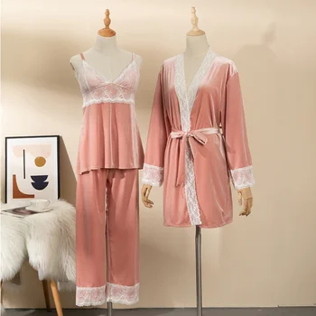 Produto novo mulheres Sexy de Pijama em veludo Conjuntos de mangas compridas homewear