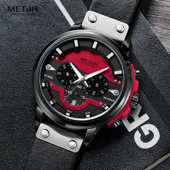 Megir Homens Relógios de 2019 Novo Exército Desporto Cronógrafo de Quartzo Relógio de Homem Pulseira de Couro Relogios Masculino Relógio Marca de Topo 2080 Vermelho