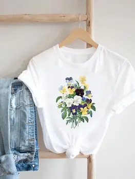 Linda Flor Bonito de Manga Curta Moda Tee Roupas de Impressão Mulher Bonita Camiseta Bom Top de Verão Casual Gráfico T-shirt