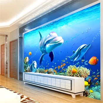 Mundo subaquático quarto com Cama de Papéis de parede de Coral, Grupo de Golfinhos PLANO de Fundo, Papéis de Parede Decoração Mural de Parede Para Sala de estar