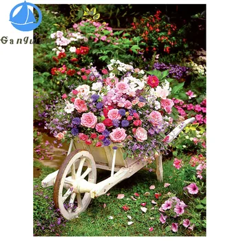 Flor de jardim de Diy 5D retro madeira carrinho Cheio de Diamantes Pintura, Ponto Cruz Kits de Arte do Bordado Mosaico 3D Quadrado redondo broca decoração