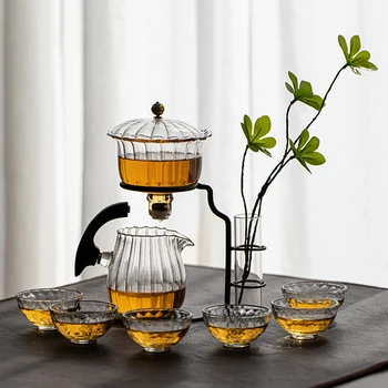 Semi-automáticas Anti-escaldante Chá Vidro resistente ao Calor Kung Fu Conjunto de Chá em Casa Moderno e Minimalista Escritório Preguiçoso Bule de chá Xícara (chá) Definir