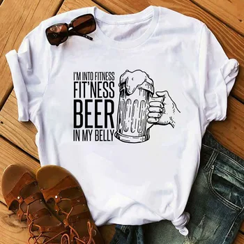 Rheaclot eu estou Em Fitness Ajuste ness Cerveja Na Minha Barriga das Mulheres Sólido Tops Letra Impressa Algodão Camiseta Graphic Tee