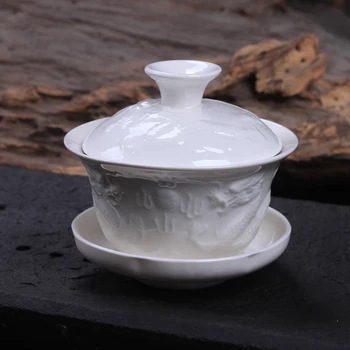 [GRANDIOSIDADE] Relevo Dragão Branco de Porcelana Gaiwan 100ml Cerimônia Chinesa Gaiwan Chá Terrina de Cerâmica