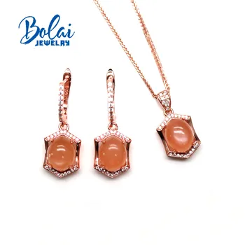 bolaijewelry,Laranja Natural Moonstone Pendant Brincos Ovais 8*10mm Conjunto, 925 de Prata Pura e Simples Luz de Luxo Feminino Jóias