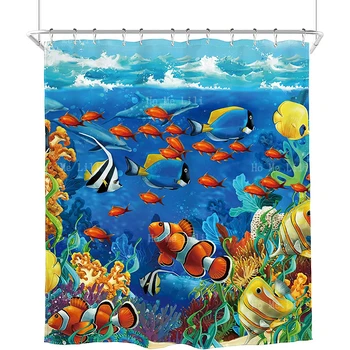 Tropical Crianças Engraçado Sob O Mar Oceano Colorido Mundo De Coral Azul Peixe-Palhaço Animal Impermeável Cortina De Chuveiro