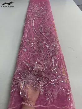 Madison Nigeriano Esferas Tubo De Tecido De Luxo De Alta Qualidade Bordados Feitos A Mão Pesada Frisada Lace Vestido De Casamento Fabric