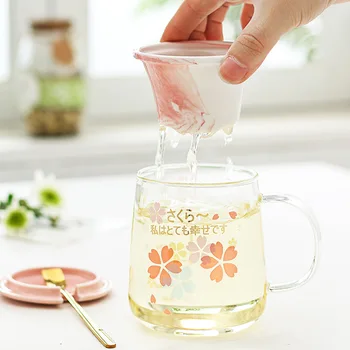 Copo de vidro com Escala Tampa e Colher de Sakura Chávena de Chá a Cada Estilo Japonês INS Vidro resistente ao Calor Água de Caneca