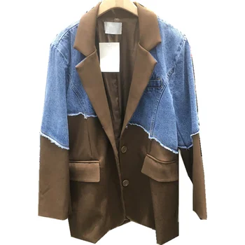 chique jeans com patchwork terno da Moda jaqueta de mulheres 2023 primavera novo estilo coreano vintage solta contraste de cor do blazer feminino casaco