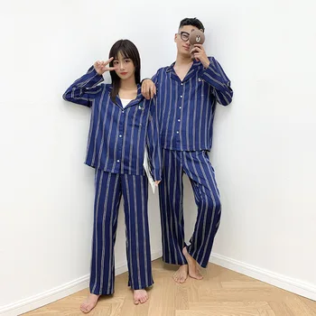 Azul Listrado de Gelo Pijama de Seda para as Mulheres e os Homens, Casais Conjunto de Pijama de Cetim Conjunto de Salão de Manga Longa Pijamas DropShipping