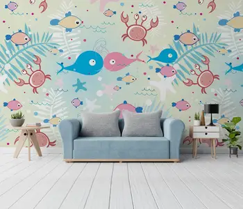 Custom Cartoon peixe mundo subaquático mural de parede para quarto infantil decoração maison de arte, o papel de parede estética de decoração de quarto