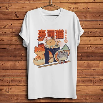 Japão cozinha kawaii gatos sushi funny t-shirt dos homens de verão branco novo casual homme legal camiseta gato bonito streetwear tee