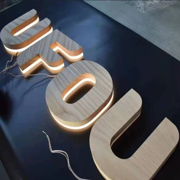 Impermeável exterior de imitar grão de madeira retroiluminado de aço inoxidável de letras, o mais novo halo retro iluminado de metal loja de LED letra de sinal