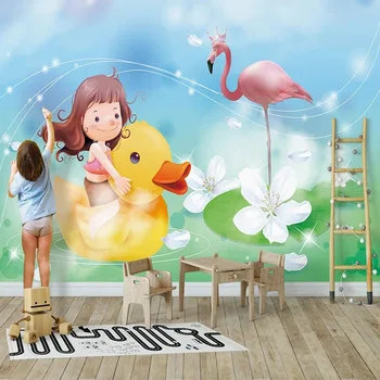 3D personalizado Menina Pato Flamingo Para Crianças da Sala na Parede do Fundo papel de Parede Mural Para o Quarto Papel De Parede Tapety Decoração de Casa