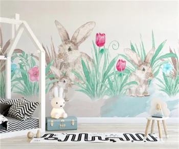 Nordic pintados à mão coelho bonito quarto de crianças de plano de fundo do papel de parede de meninos e meninas, decoração do quarto do papel de parede personalizado com foto