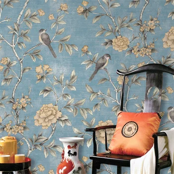 American retro Chinês não-tecido jardim de flores e de pássaros de papel de parede Azul vermelho quarto sala de estar de plano de fundo papel de parede decoração da casa