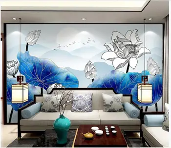 Personalizado com foto de papel de parede para parede 3 d murais Novo Chinês com tinta azul de desenho de linha flor de lótus de aves estilo Chinês paisagem mural