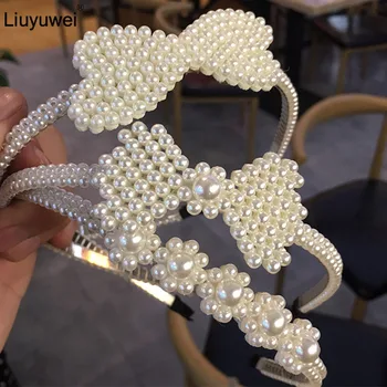 Moda de Luxo com Imitação de Pérola Cabeça para Mulheres Elegantes Arco-Nó de Cabelo Headwear Festa de Casamento Cabelo Nupcial Aro
