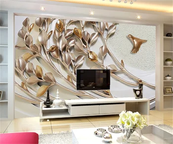 Personalizar qualquer tamanho 3D papel de parede mural Nórdicos flor e o pássaro folha de alívio de pintura decorativa, decoração de fotos de papel de parede