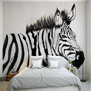 Personalizado Mural Retro Mão Pintada de Preto Branco Zebra Animal Decoração de Casa 3D Fotos de Papel de Parede Quarto Decoração Auto-Adesivo de Parede