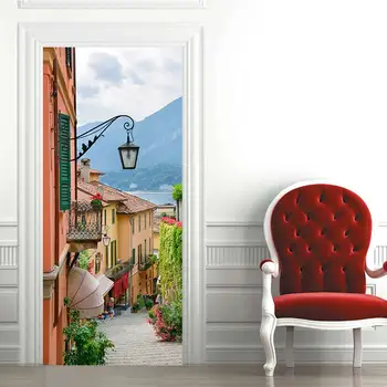 O charme do conjunto criativo de proteção ambiental 3D door adesivos montanha escadas porta de madeira renovação auto-adesivo parede do quarto s
