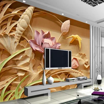 3D Xilogravura Flor de Lótus papel de Parede Personalizado Murais de Fotos de papel de parede Crianças Quarto, sala de estar, Escritório de Arte de decoração de Quarto
