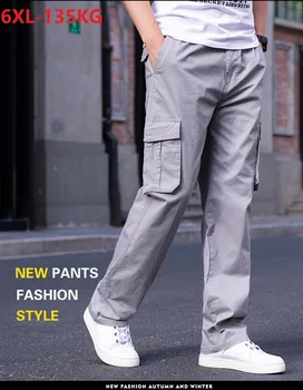 a primavera os Homens calças cargo plus size 6XL safari bolsos estilo de algodão fresco calças porta elasticidade solta tamanho grande calças verde do exército