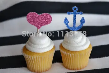 Náutico Festa de despedida de solteira de Glitter Cupcake Toppers - de-Coração/Âncora festa de Palitos de dente - de Alimentos Seleciona casamento, chá de bebê aniversário