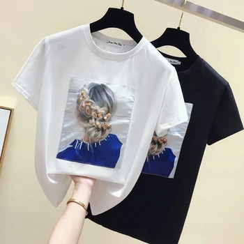 2021 Verão de Manga Curta T-shirt das Mulheres Tops Apliques Camiseta de Algodão Estilo coreano T-shirt de Mulher Roupa de Lantejoulas Camiseta Femme