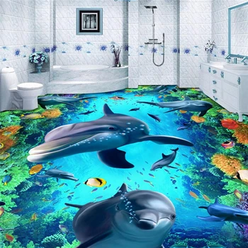 beibehang Mundo Golfinhos andar 3D papel de parede pintura de casa de banho mural auto-adesivo PVC foto de papel de parede de parede-papel de pisos