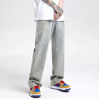 Homens De Streetwear Com Umas Calças Largas Calças Cruz Hip Hop Mens Solta Calças Jeans Mulheres De Grandes Dimensões Namorado Calças De Brim Do Denim Jeans