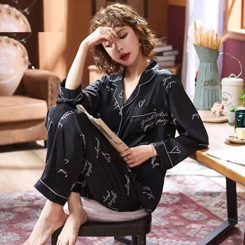 As Mulheres elegantes do Pijama Conjunto de Outono Lapela Imprime Longo do Pijama Moda Alfabeto Design Loungewear Dois Piec Conjunto de Pijamas de Algodão