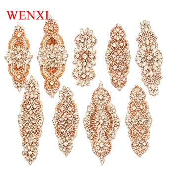 WENXI (30PCS)de grosso feito a mão de Noiva Rosa de Ouro Claro Strass, Apliques de Costura Sobre o Vestido de Noiva Correia DIY de Noiva Acessório