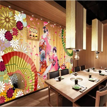 O Estilo japonês de Flor de Cerejeira Tradicional Traje Belezas Mural de Papéis de parede para o Restaurante de Sushi Industrial de Decoração de Papel de Parede 3D
