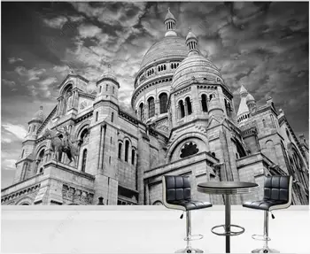 Personalizado mural de fotos em 3d papel de parede em HD preto e branco de Paris, a Catedral do Sagrado Coração de decoração de papel de parede para sala de estar moderna, em rolos