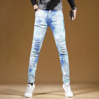 Outono Homens Céu Azul Impressa Jeans Moda Slim Fit Straight Calças De Streetwear Casual, De Jeans, Calças