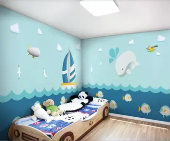 XUE SU Personalizado revestimento de parede casa cheia de fundo de parede de quarto infantil doce nuvem branca do mar golfinho barco avião gaivota