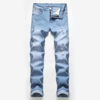 Novos De Alta Qualidade Calças Jeans Rasgado Preto Esticar Calças Tamanho Grande Luz Homens De Jeans