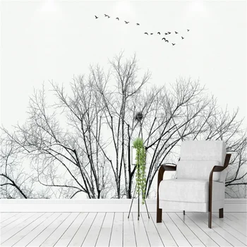 Milofi personalizados grande não-tecido de papel de parede mural moderno e minimalista Nórdicos vento seco de árvore pássaro voando em preto e branco estilo backgroun