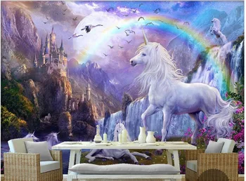 Personalizado com foto de papel de parede 3d mural de papel de parede Azul do céu de arco-íris cachoeira cavalo branco animais pinturas de paisagens 3d papel de parede