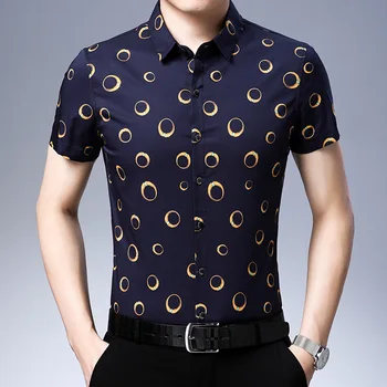 Personalidade de impressão smart casual boutique de moda camisa de manga curta de Verão, estilo Novo de qualidade, de seda, de algodão macio camisa de homens M-XXXL