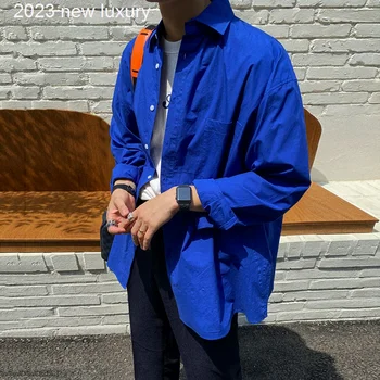 Dos Homens De Moda Nova Marca De Camisa Azul Sólido De Manga Longa Chique Botão Casual Blusa 2022 Streetwear Estilo Coreano Camisas Camisas W69